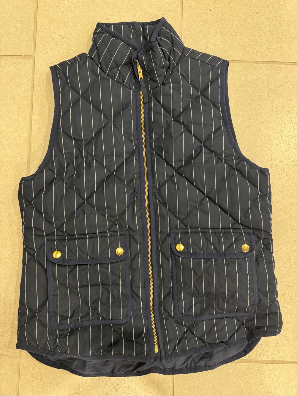 J. Crew Navy Quilted Pinstripe Vest with Gold Hardware